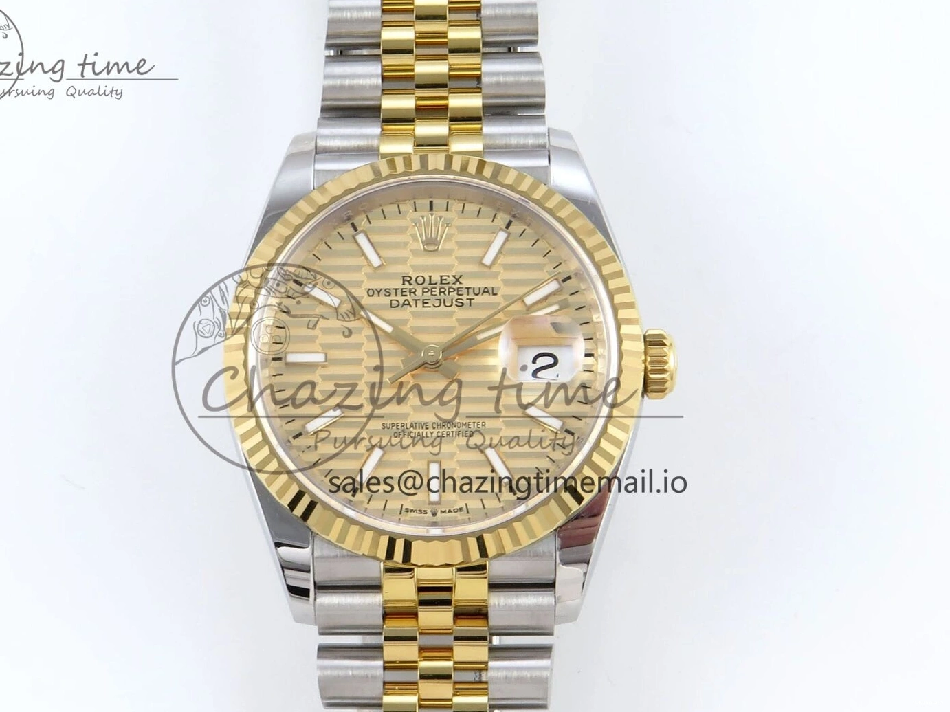 Best Stick YG 126233 EWEF SS on Textured Jubilee A3235 Bracelet 36 Marker YG Edition DateJust Dial 0510